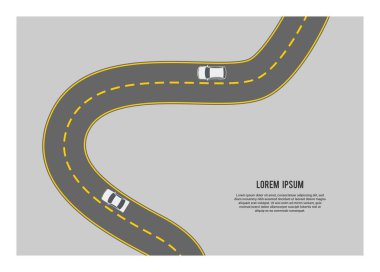 Arabalar dolambaçlı yoldan geçiyor. Üst Manzara. Basit düz resimleme.