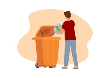 Çöp kutusuna çöp atan bir adam. Basit düz resimleme