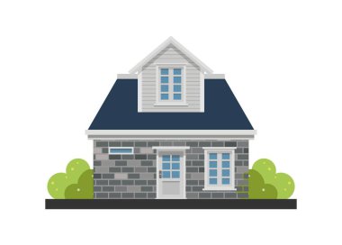 Tuğlalı ve ahşap duvarlı iki katlı ev. Basit düz resimleme.