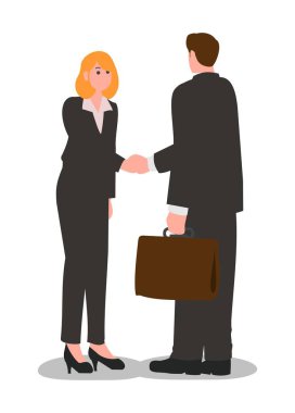 İş adamı ve iş kadını el sıkışıyorlar. Basit düz resimleme