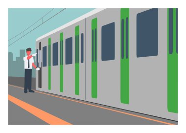 Tren istasyonundaki tren istasyonunda, mühendis parmağını gösterirken. Perspektif görünümünde basit düz çizim.