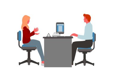 Erkek müşteri hizmetleri bayan müşteriye hizmet ediyor. Yan görüş. Basit düz resimleme. 