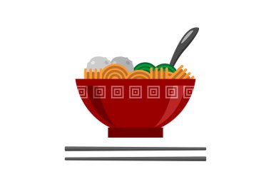 İçinde sebze ve köfte olan bir kasede erişte. Basit düz resimleme.