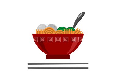 İçinde sebze ve köfte olan bir kasede erişte. Basit düz resimleme.