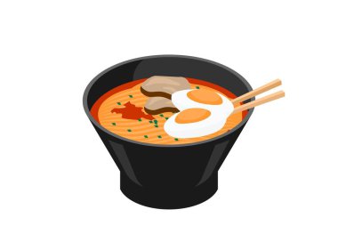 Yumurta ve et dilimli bir kasede erişte çorbası. Basit düz resimleme.