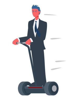 İşadamı segway 'e biniyor. Basit düz resimleme