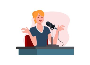 Podcast 'te röportaj yapan bir kadın. Basit düz resimleme.