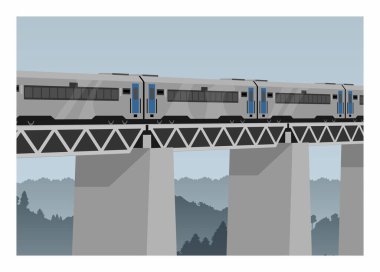Yolcu treni, dağ silueti manzaralı köprüyü geçiyor. Basit düz resimleme.