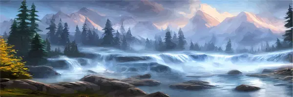 Mountain landscape with stormy river with forest vector illustration. Cartoon flat countryside Beautiful nature with green trees, river water mountains silhouettes. Seasonal panoramic view background