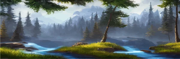 Mountain landscape with stormy river with forest vector illustration. Cartoon flat countryside Beautiful nature with green trees, river water mountains silhouettes. Seasonal panoramic view background