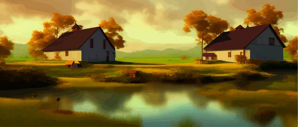 Green valley landscape. Summer season on the lake with a picturesque view. Houses on the banks of the river. Freehand Cartoon Outdoors Retro Style. Vector illustration rural scene background