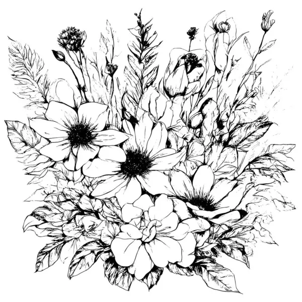 sketch flowers white Background . Postcard congratulations flowering flora nature print textiles patern