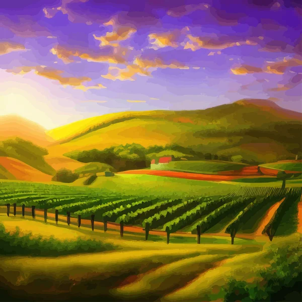 Rural landscape vineyards. Green vines on hills with trees and mountains in the background. Landscape with grape rows. Summer season. Vector illustration.