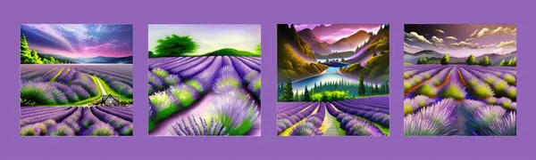 Horizon view lavender valley. Sunny day summer weather. Sunset Meadow Outdoor Wallpaper. Countryside lavender field scene. Rural landscape vector illustration. Farming agriculture colorful concept.