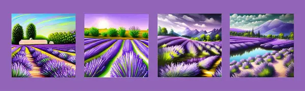 Horizon view lavender valley. Sunny day summer weather. Sunset Meadow Outdoor Wallpaper. Countryside lavender field scene. Rural landscape vector illustration. Farming agriculture colorful concept.