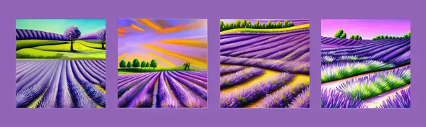 Horizon view lavender valley. Sunny day summer weather. Sunset Meadow Outdoor Wallpaper. Countryside lavender field scene. Rural landscape vector illustration. Farming agriculture colorful concept.