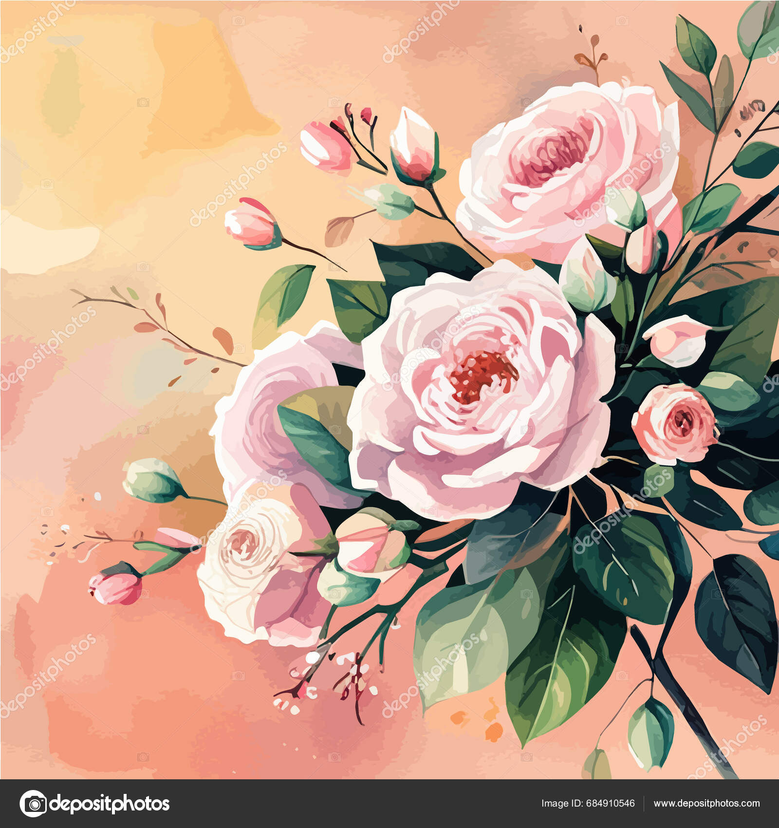 Watercolor Floral Bouquet Blush Pink Roses Flower Green Leaf Leaves ...