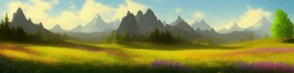 Bright green meadow landsape with wild flowers, against backdrop high mountains and blue sky with clouds, beautiful natural landscape in spring or summer, vector illustration