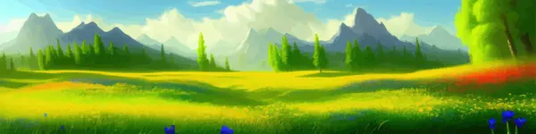 Bright green meadow landsape with wild flowers, against backdrop high mountains and blue sky with clouds, beautiful natural landscape in spring or summer, vector illustration