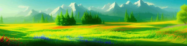 Mountain summer landscape vector illustration, cartoon mountainous natural simple scenery background with green grass scenic fields with flowers and mountains blue sky with clouds