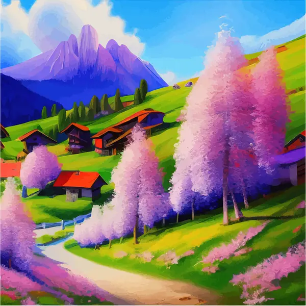 Scene with rural landscape. Blooming spring trees on street near house, hills and mountains. Vector illustration of bright springtime