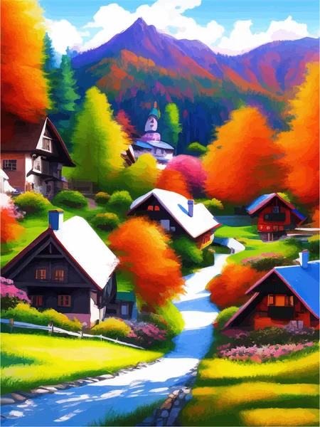 Natural landscape illustration, trees, forest, mountains, flowers, plants, houses. Beautiful landscape of nature. Vector illustration