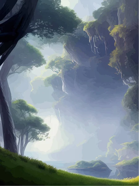 Vertical Travel landscape with river running among forest hills at dawn against the backdrop misty mountains. Vector illustration of beautiful places of untouched nature. Morning scene nature reserve
