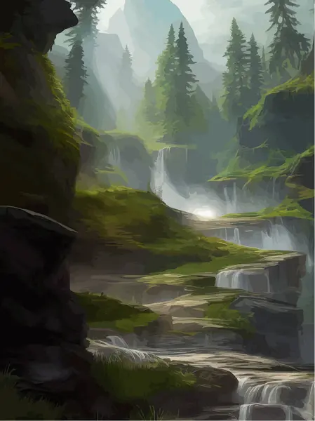 Vertical Travel landscape with river running among forest hills at dawn against the backdrop misty mountains. Vector illustration of beautiful places of untouched nature. Morning scene nature reserve