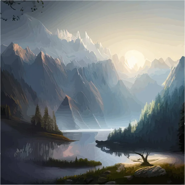 Beautiful river mountain forest. Landscape sharp mountains river bank and pines. Vector illustration nature background picture