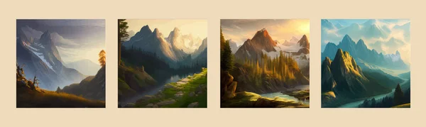 Forest mountain and lake landscape or river at sunrise and sunset with sky and clouds, vector illustration natural landscape, as a wildlife postcard or wallpaper