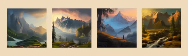 Forest mountain and lake landscape or river at sunrise and sunset with sky and clouds, vector illustration natural landscape, as a wildlife postcard or wallpaper