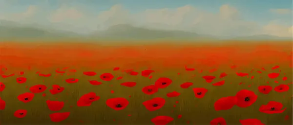 Banner beautiful rural scenery poppy field. Landscape painting with nature farmland, spring red flowers, vector illustration for print, etc.