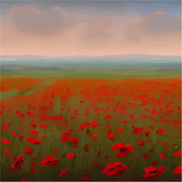 Spring landscape. Beautiful nature. Sunny landscape with poppies. Natural background with fields, meadows, forests and flowers with sky, vector illustration