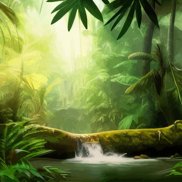Lush Amazonian jungle with waterfalls and a raging river. Fantasy forest landscape with green trees and bushes. Wildlife vector illustration