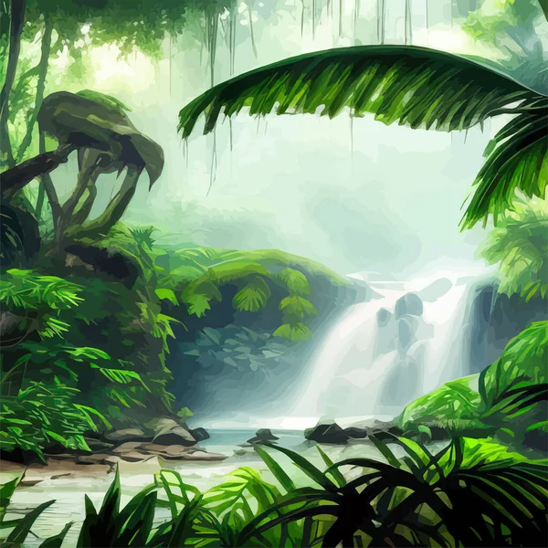 Beautiful waterfall in deep rainforest, like heaven. Jungle with wildlife waterfall, landscape vector illustration, concept illustration, realistic cartoon style background