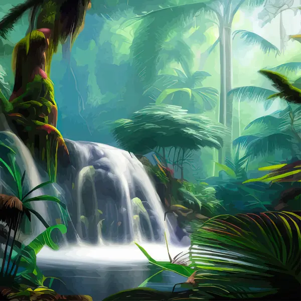 Beautiful waterfall in deep rainforest, like heaven. Jungle with wildlife waterfall, landscape vector illustration, concept illustration, realistic cartoon style background