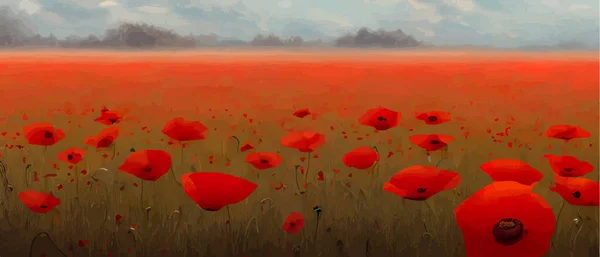 Banner beautiful rural scenery poppy field. Landscape painting with nature farmland, spring red flowers, vector illustration for print, etc.
