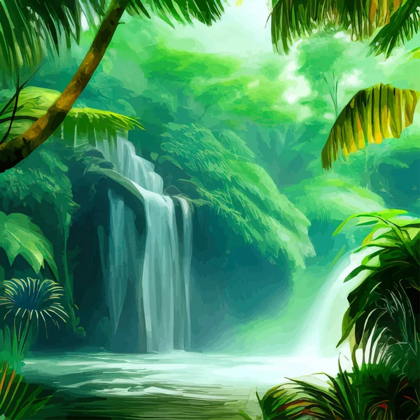 Lush Amazonian jungle with waterfalls and a raging river. Fantasy forest landscape with green trees and bushes. Wildlife vector illustration