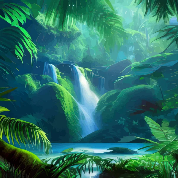 Jungle waterfall. Picturesque river in tropical forest. Water falls in lake. Creek Forest landscape. Fantasy panorama. Grass field. Wild nature. Summer landscapes. Vector illustration background