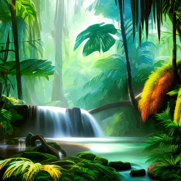 Jungle waterfall. Picturesque river in tropical forest. Water falls in lake. Creek Forest landscape. Fantasy panorama. Grass field. Wild nature. Summer landscapes. Vector illustration background
