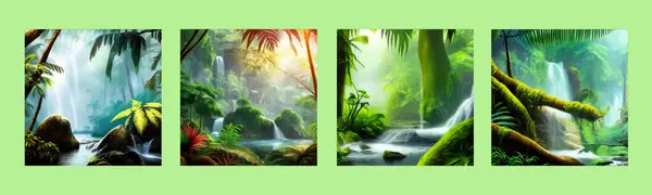 Waterfall landscape set. Calm nature landscape for relaxing in the background. Beautiful mountain waterfall in Jungle Forest. Wildlife vector illustration