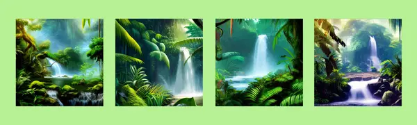 Waterfall landscape set. Calm nature landscape for relaxing in the background. Beautiful mountain waterfall in Jungle Forest. Wildlife vector illustration