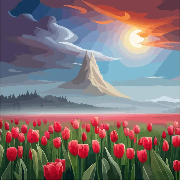 Vector illustration landscape with Dutch red tulips on hills against sky with clouds. For design posters and greetings.