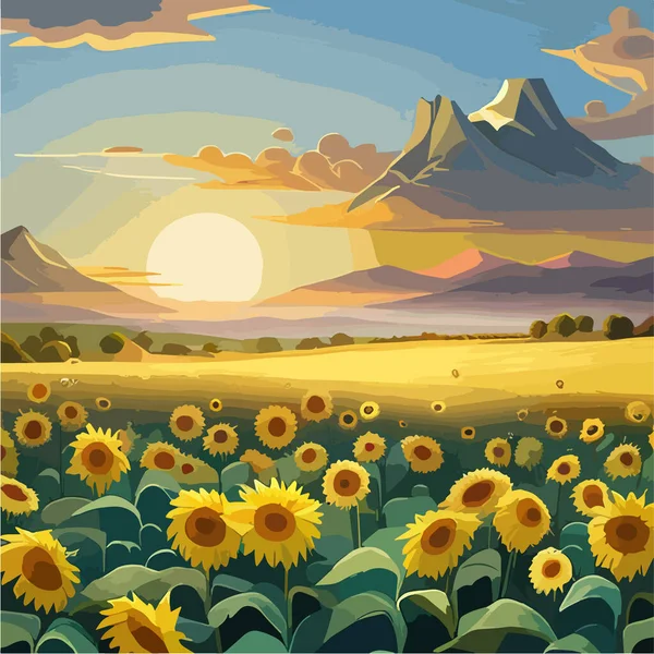 Sunflowers, Beautiful flowers in sunflower field, vast, open field filled with towering sunflowers swaying in the gentle breeze, surrounded by rolling hills and sky with clouds vector illustration