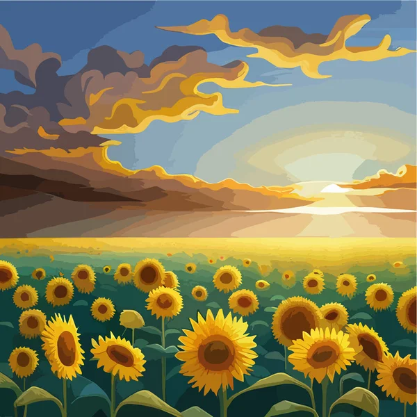 Vector illustration sunflower flower sunset rural landscape with golden sunflower field. Warm sunset light and orange hills in the background