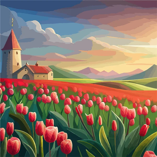 Vector illustration landscape with Dutch red tulips on hills against sky with clouds. For design posters and greetings.