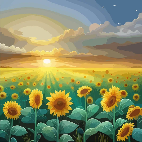 Sunflowers, Beautiful flowers in sunflower field, vast, open field filled with towering sunflowers swaying in the gentle breeze, surrounded by rolling hills and sky with clouds vector illustration