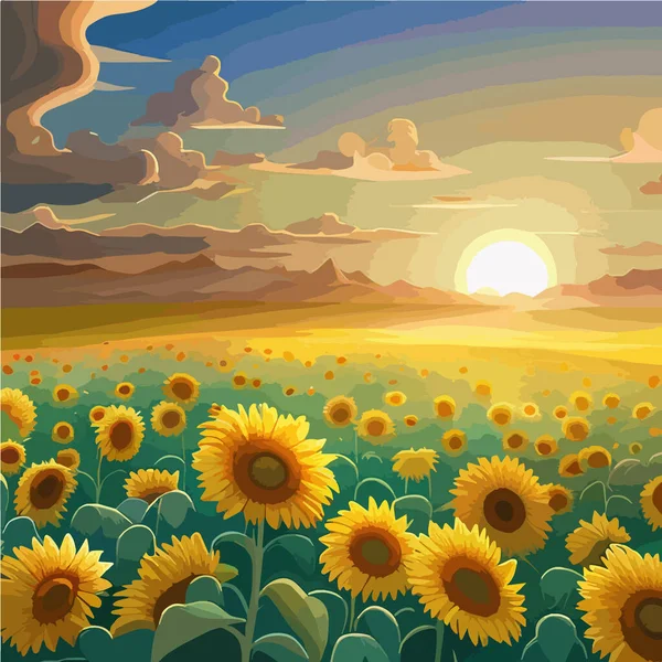 Rural sunset landscape with golden sunflower field against sky, vector illustration