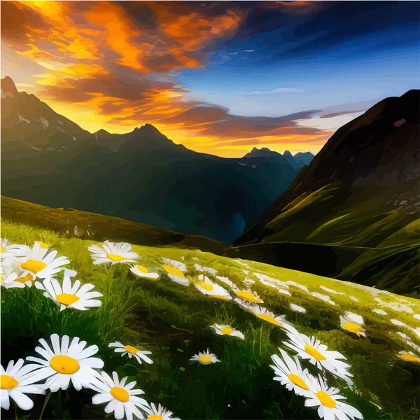 Mountains spring landscape. Mountain green valley with a field of daisies. Hills against the sunset sky with clouds. Adventure travel travel banner. Vector illustration