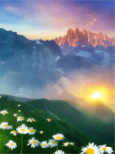 Beautiful blooming white daisies on background mountains and sunset sky with clouds, realistic vector illustration, summer landscape, tourism and travel concept